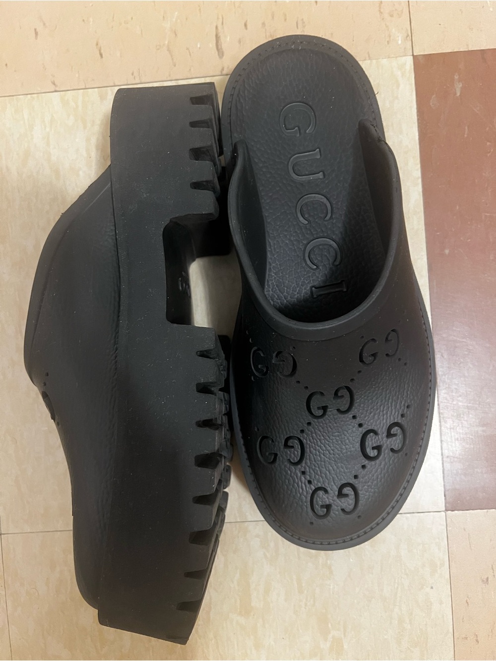 Gucci Black Embossed GG Platform Clogs